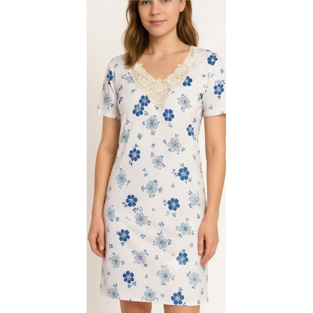 Fine Woman Womens Floral Lace Applique Nightdress - White/Green Fine Woman