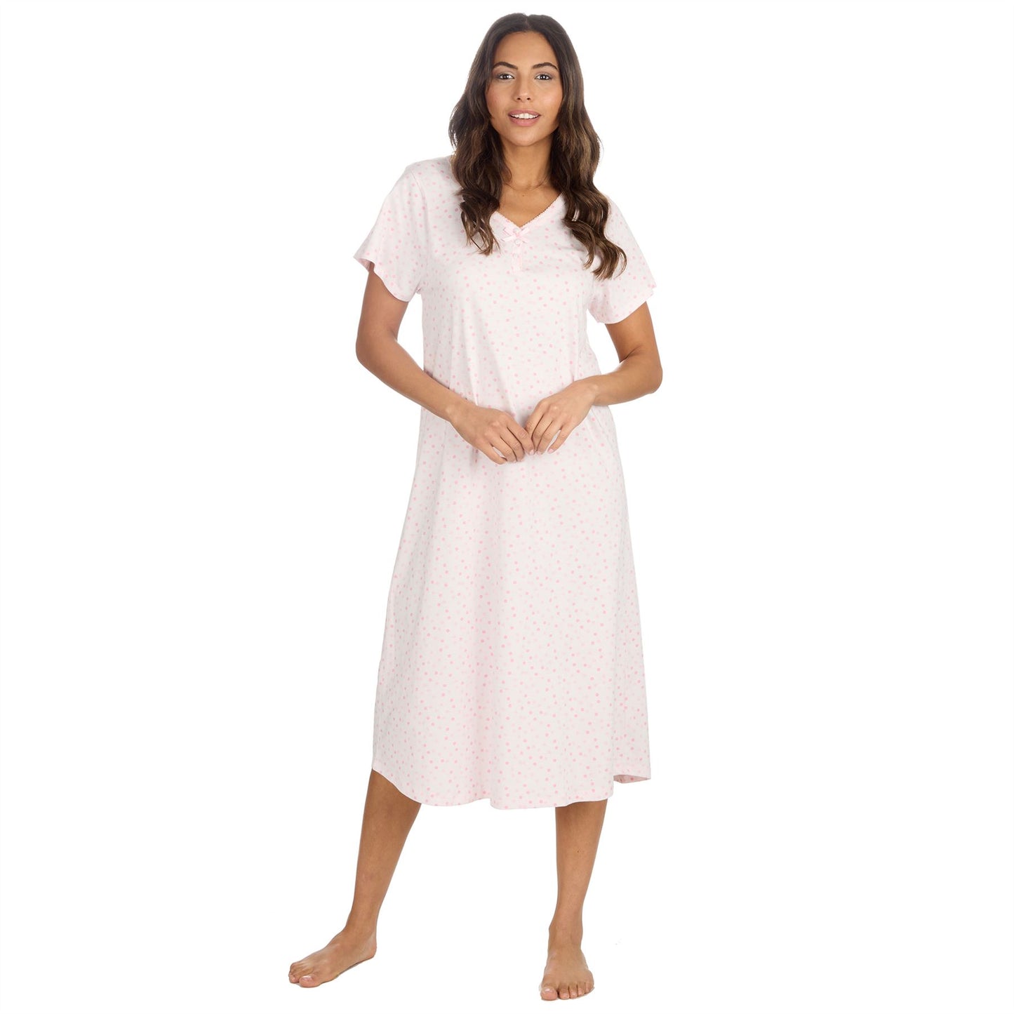 Cottonique Short Sleeve Pastel Spot Longline Nightdress - Pink