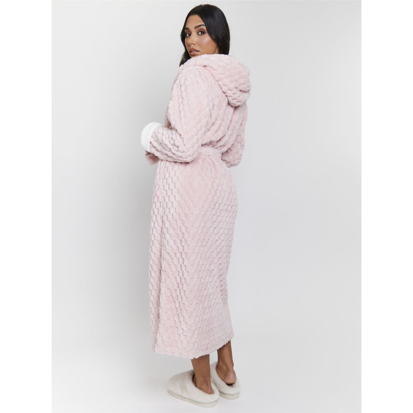 Loungeable Luxury Geometric Fleece Hooded Maxi Robe - Pink