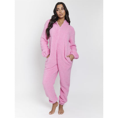 Loungeable Womens Sherpa Fleece Teddy Bear Onesie - Hot Pink