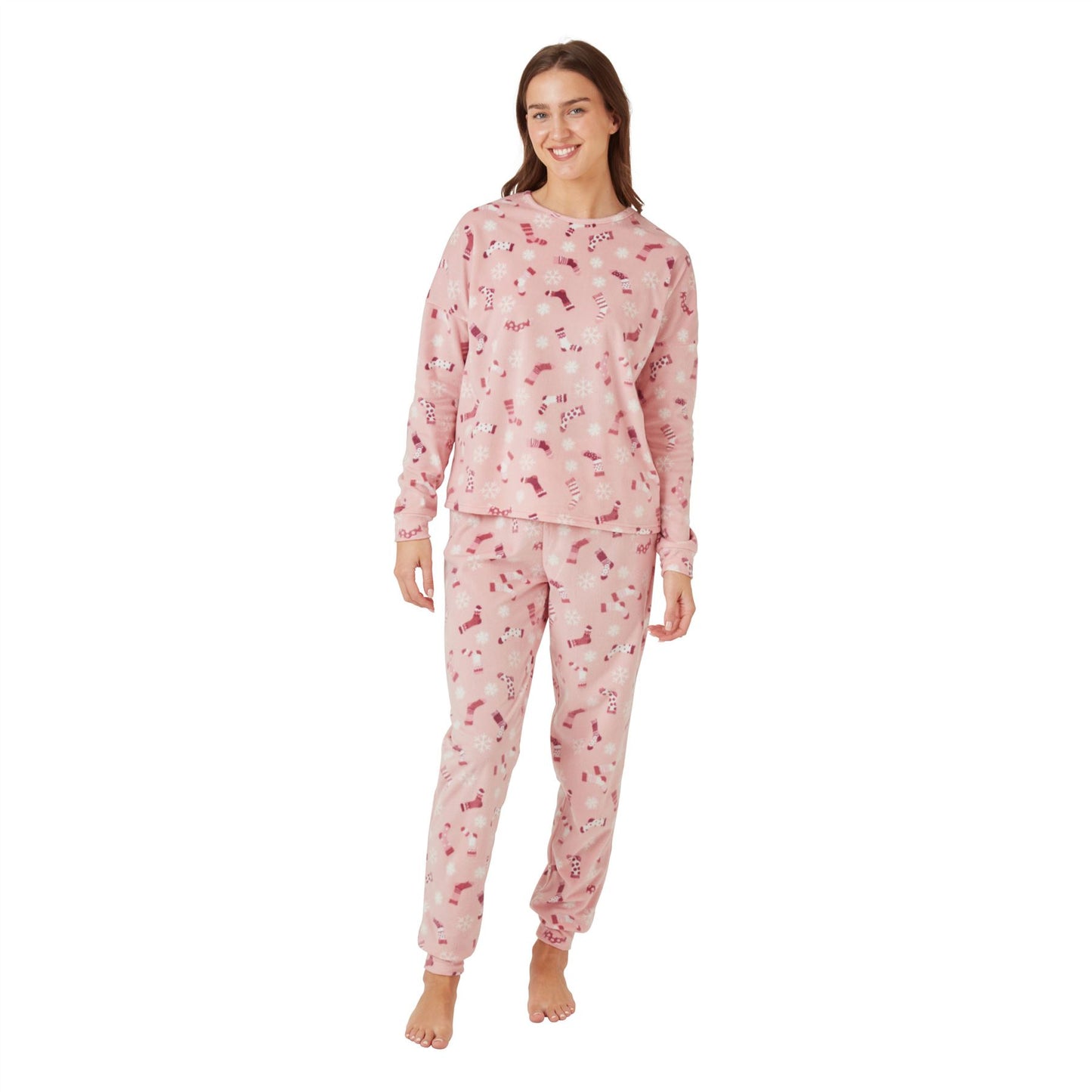 Indigo Sky Womens Sock Print Fleece Pyjamas - Pink