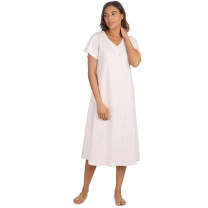 Cottonique Short Sleeve Pastel Spot Longline Nightdress - Pink