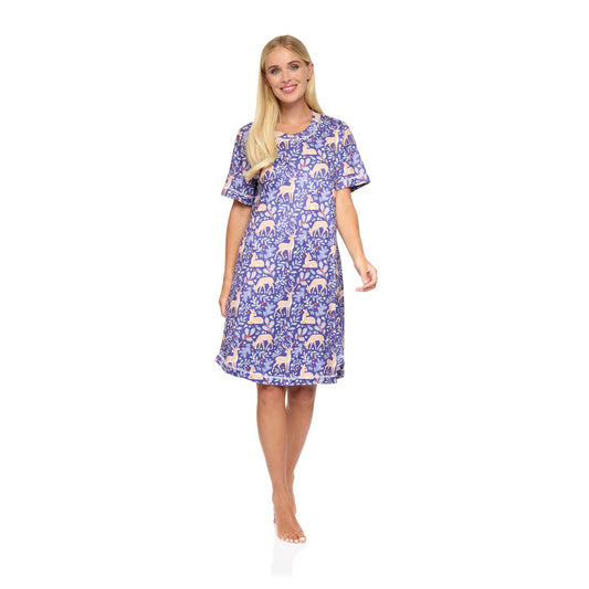 La Marquise Womens Jersey Knit Winter Fawn Short Sleeve Nightdress - Blue