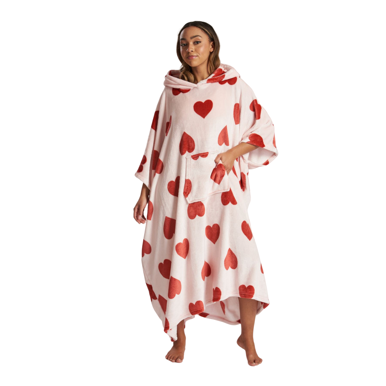 Loungeable Womens Heart Long Luxury Fleece Hooded Poncho - Pink