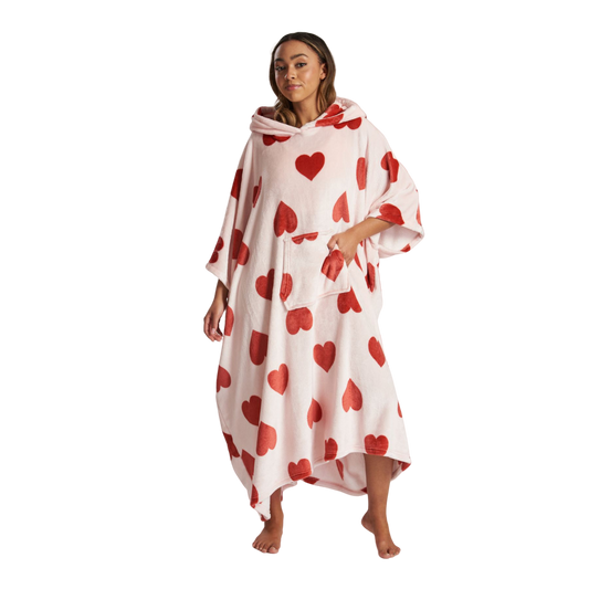 Loungeable Womens Heart Long Luxury Fleece Hooded Poncho - Pink
