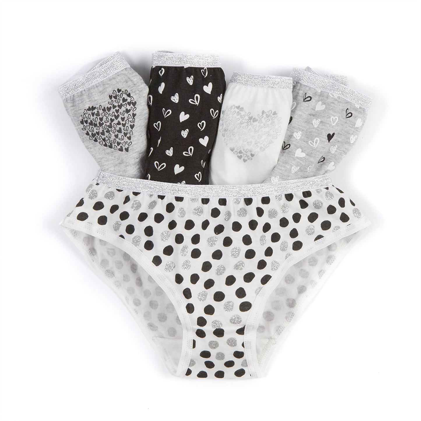 4Kidz Girls Briefs (5 Pack) - Monochrome/Hearts (2-6 Years)
