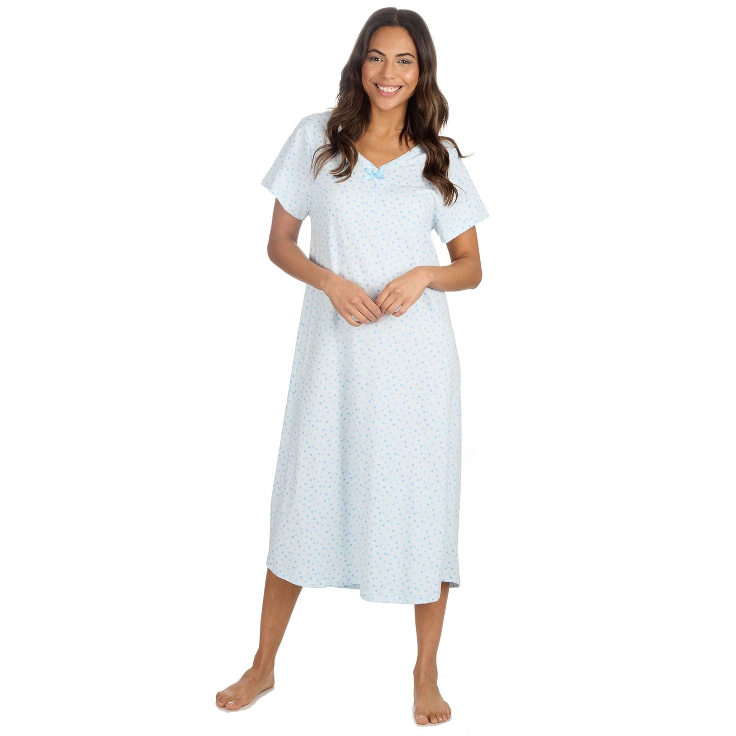 Cottonique Short Sleeve Pastel Spot Longline Nightdress - Blue Cottonique