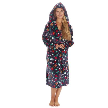 Onezee Unisex Christmas Print Flannel Fleece Robe - Navy