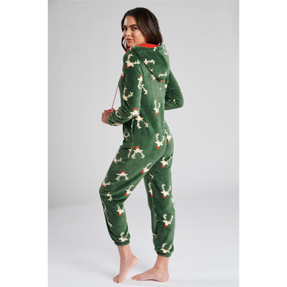 Loungeable Womens Reindeer Fleece Onesie - Green