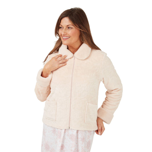 Marlon Womens Swirl Fleece Bedjacket with Faux Fur Collar - Almond