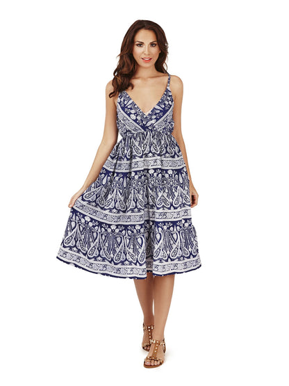 Pistachio Paisley Tiered Strappy Dress - Blue
