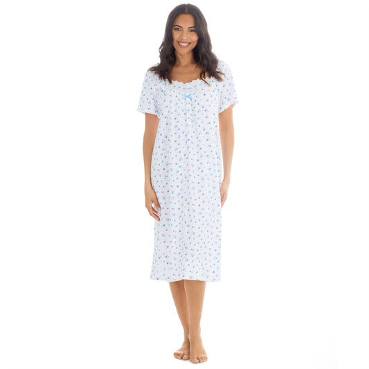 Cottonique Short Sleeve Floral Nightdress - White/Blue