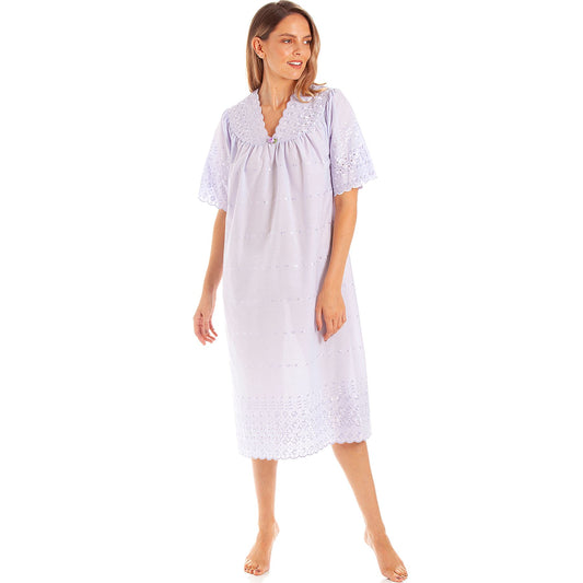 Lady Olga Womens V Neck Embroidery Anglaise Nightdress - Lilac