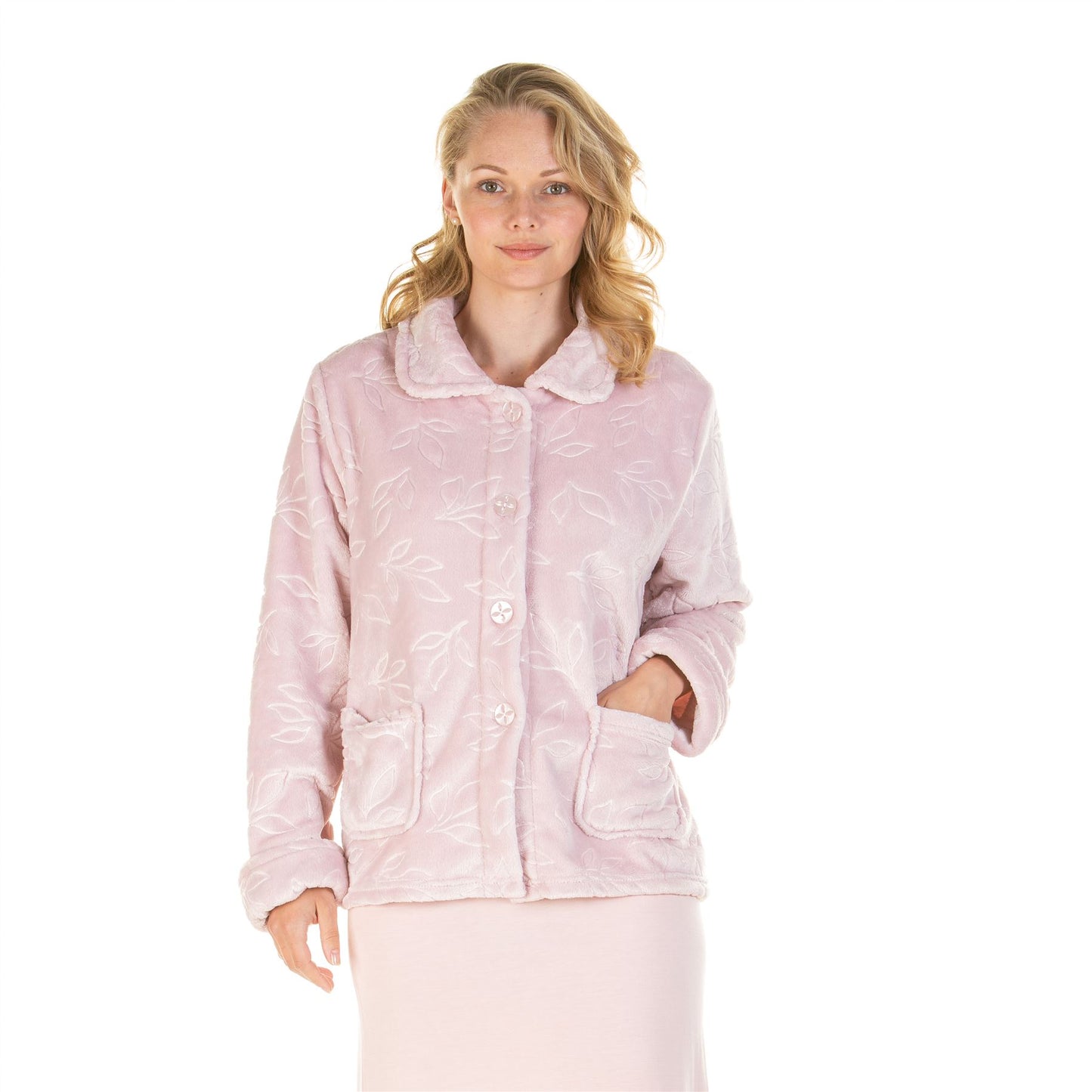 La Marquise Button Through Cosy Leaves Bedjacket - Pink