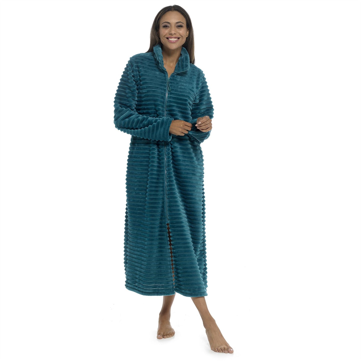 Wolf and Harte Womens Zip Through Ribbed Fleece Robe - Teal