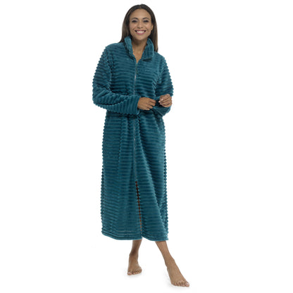 Wolf and Harte Womens Zip Through Ribbed Fleece Robe - Teal