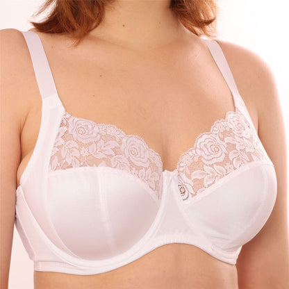 Gemm Full Cup Satin Floral Lace Bra - White