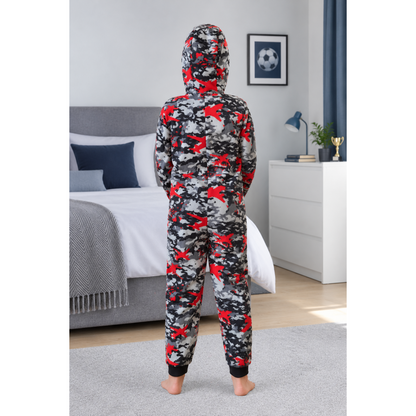 Kids Camo Hooded Fleece Onesie - Grey Evotex