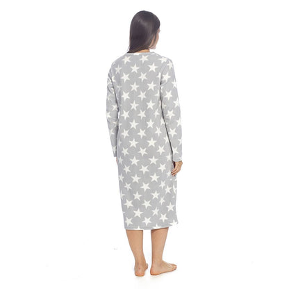 Wolf and Harte Womens Fleece Button Placket Nightdress - Grey Stars