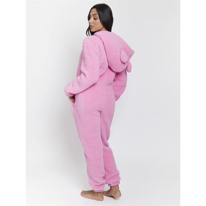 Loungeable Womens Sherpa Fleece Teddy Bear Onesie - Hot Pink