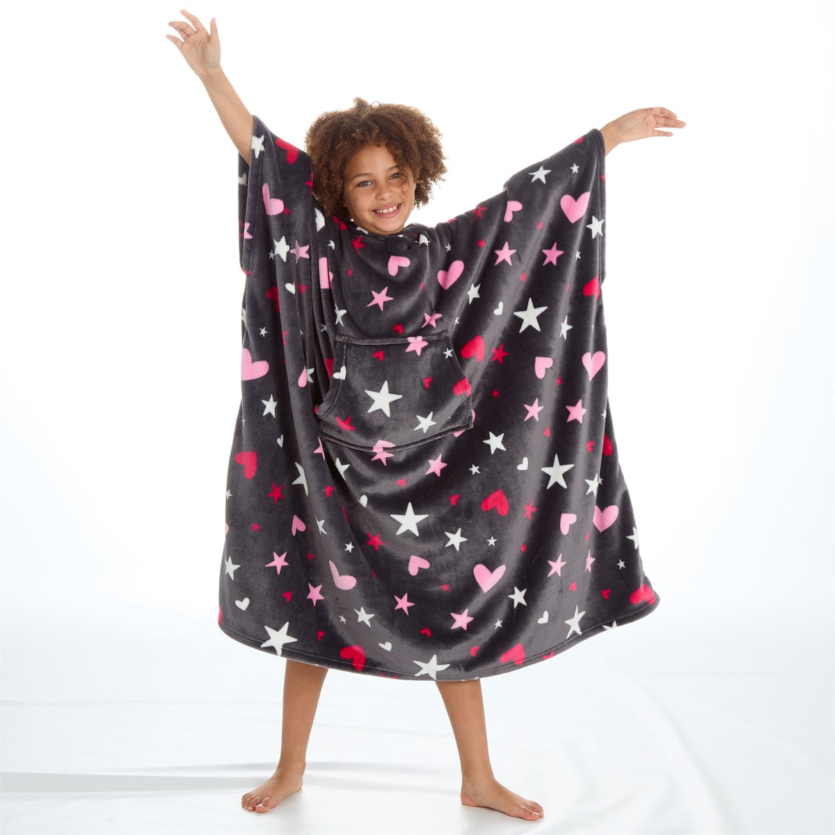 Huggable Hoodie Kids Fleece Oversized Poncho - Grey Stars/Hearts Huggable Hoodie