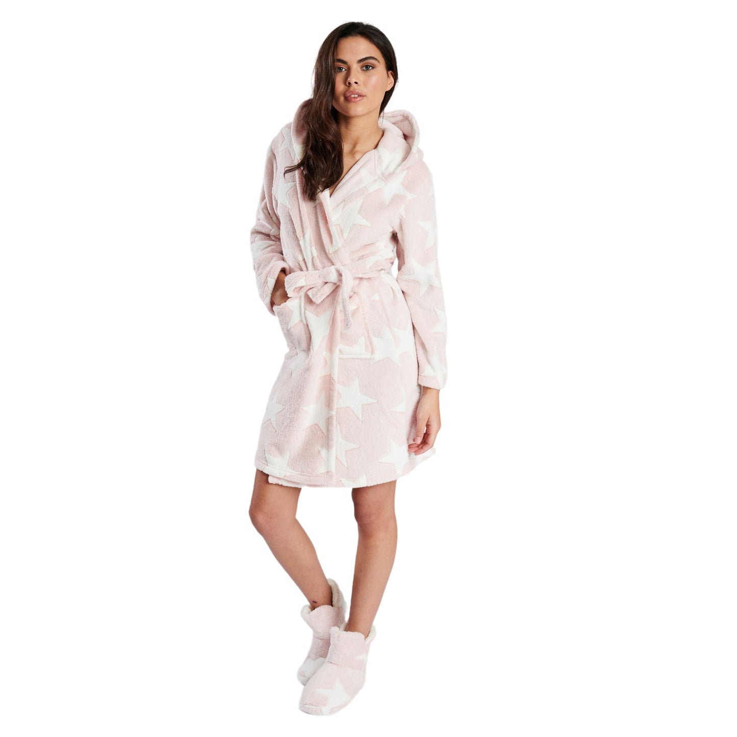 Loungeable Womens Star Embossed Fleece Hooded Robe - Pink