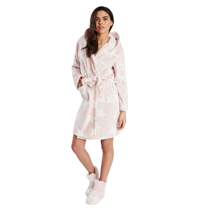 Loungeable Womens Star Embossed Fleece Hooded Robe - Pink