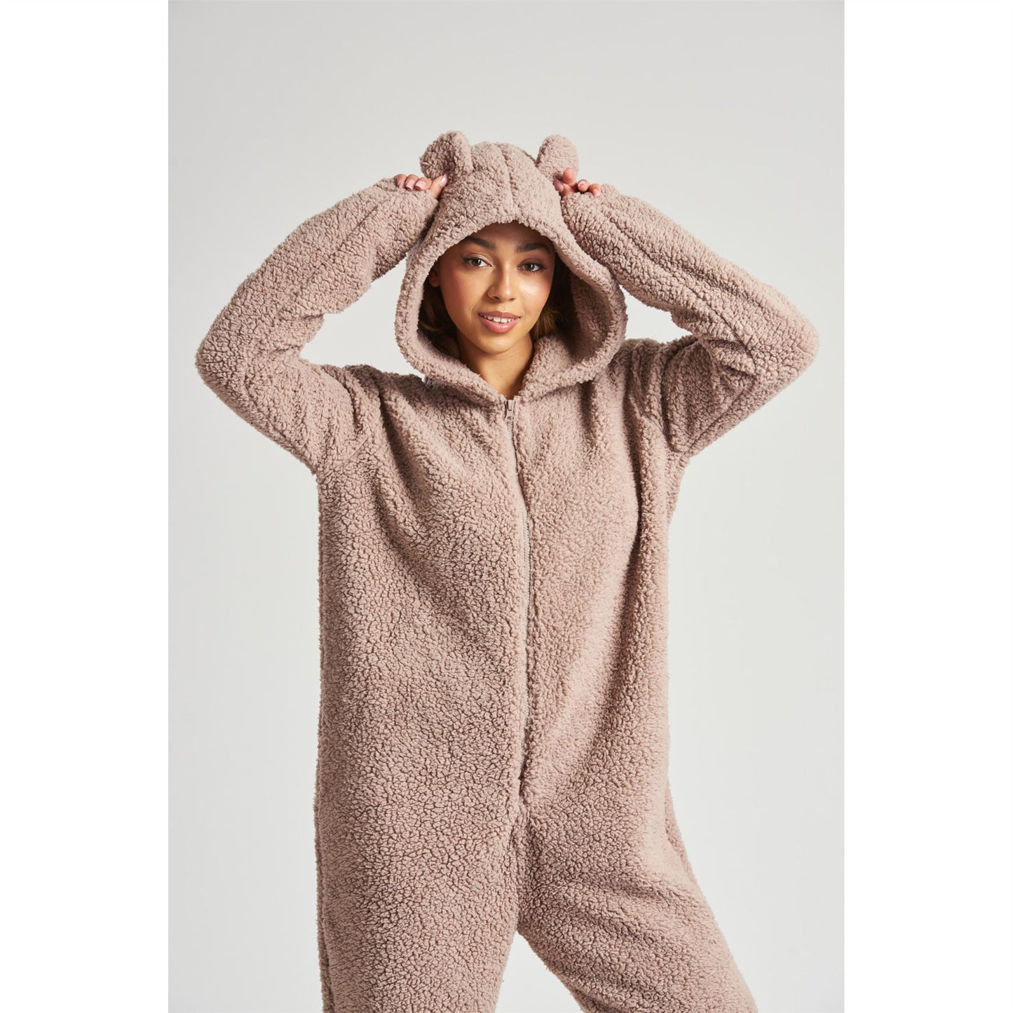 Loungeable Womens Taupe Borg Fleece Teddy Bear Onesie