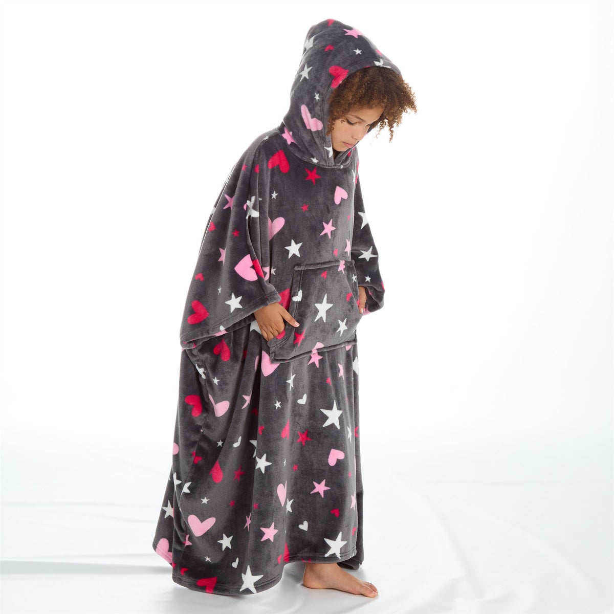 Huggable Hoodie Kids Fleece Oversized Poncho - Grey Stars/Hearts Huggable Hoodie