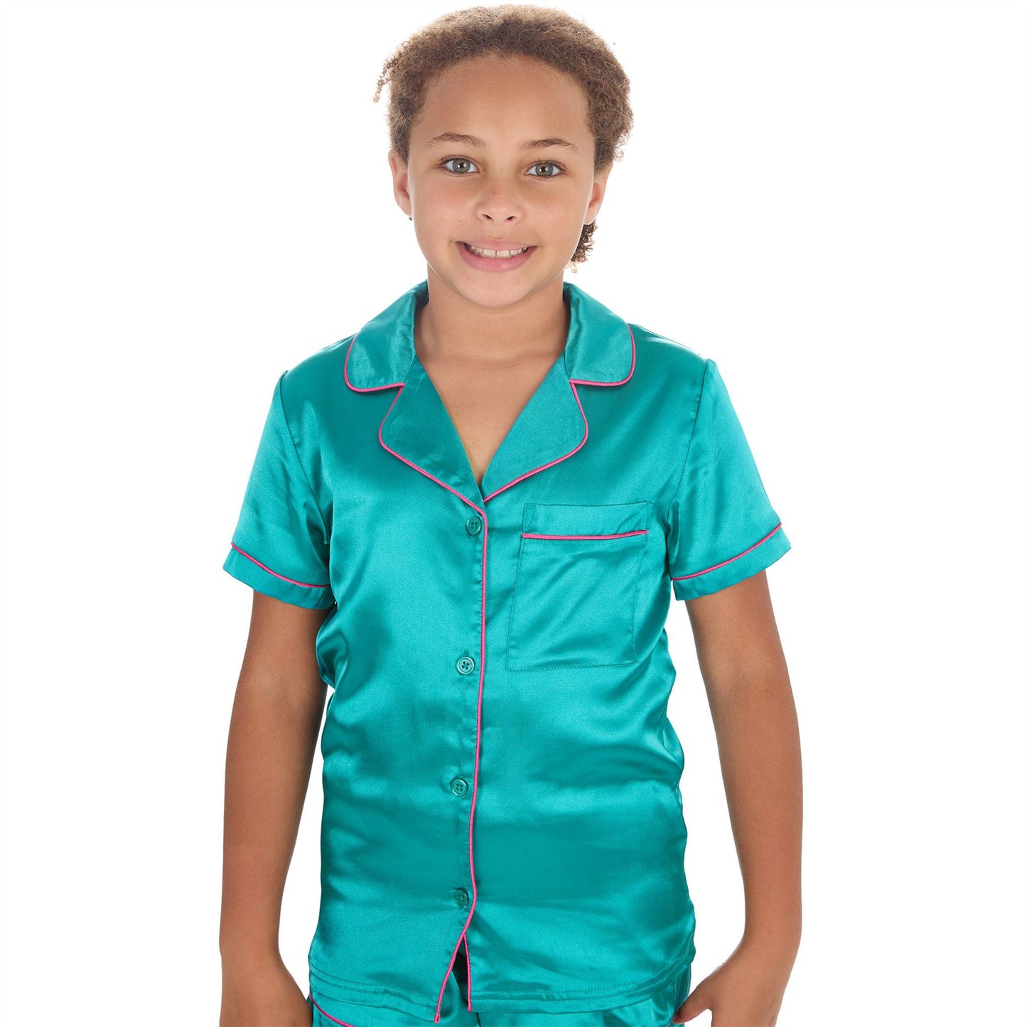 Slumber Party Girls Satin Pyjama Top and Shorts - Teal/Pink