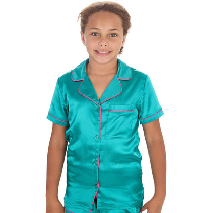 Slumber Party Girls Satin Pyjama Top and Shorts - Teal/Pink