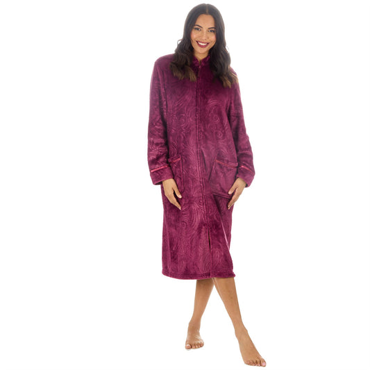 Countess Christie Womens Embossed Fleece Zip Robe - Burgundy
