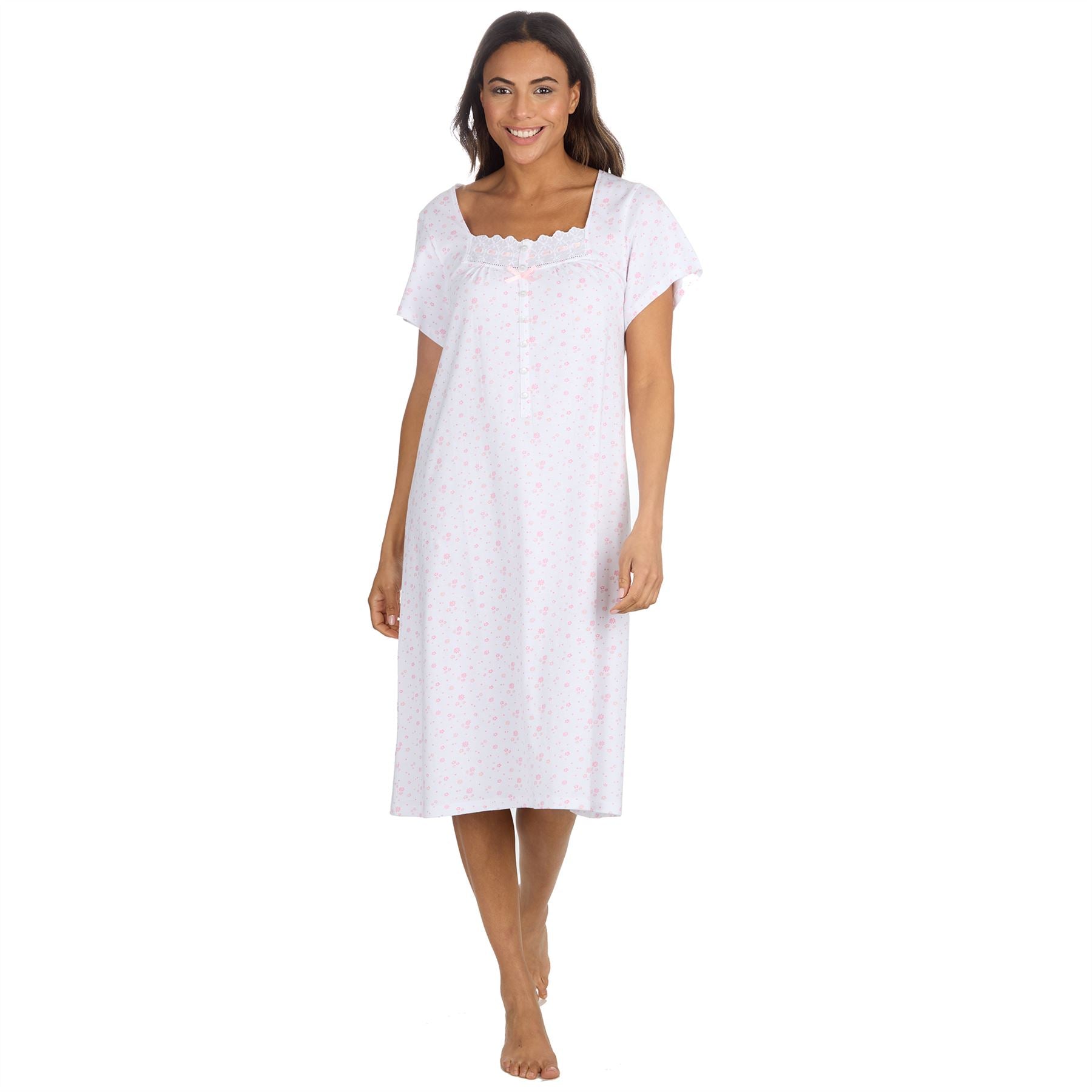 Cottonique Short Sleeve Floral Nightdress - White/Pink Cottonique