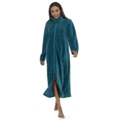 Wolf and Harte Womens Zip Through Ribbed Fleece Robe - Teal
