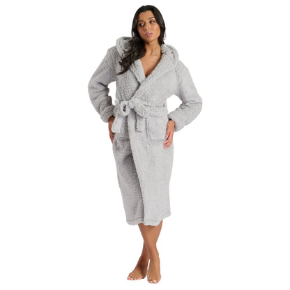 Loungeable Chunky Sherpa Hooded Midi Robe - Grey