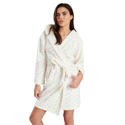 Loungeable Womens Foil Star Fleece Hooded Robe - Cream/Gold