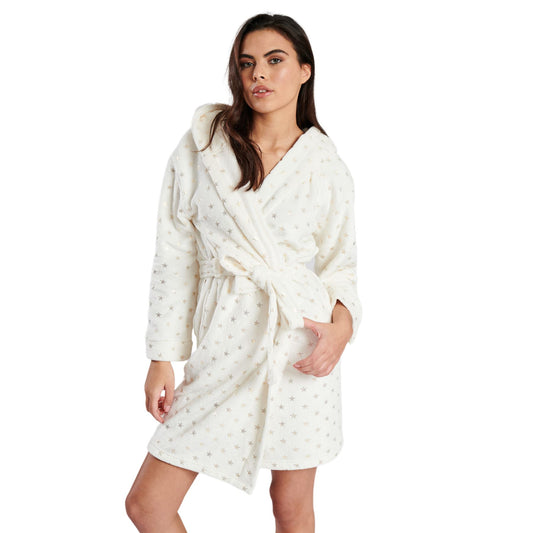 Loungeable Womens Foil Star Fleece Hooded Robe - Cream/Gold