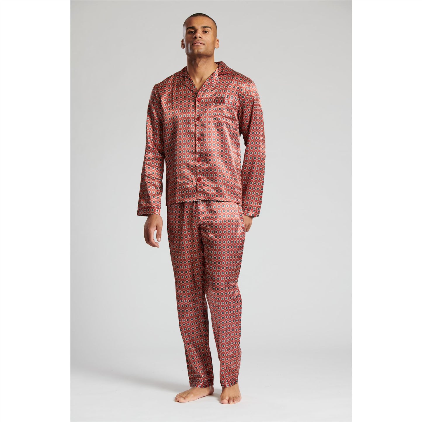 Loungeable Mens Patterned Satin Pyjamas - Burgundy