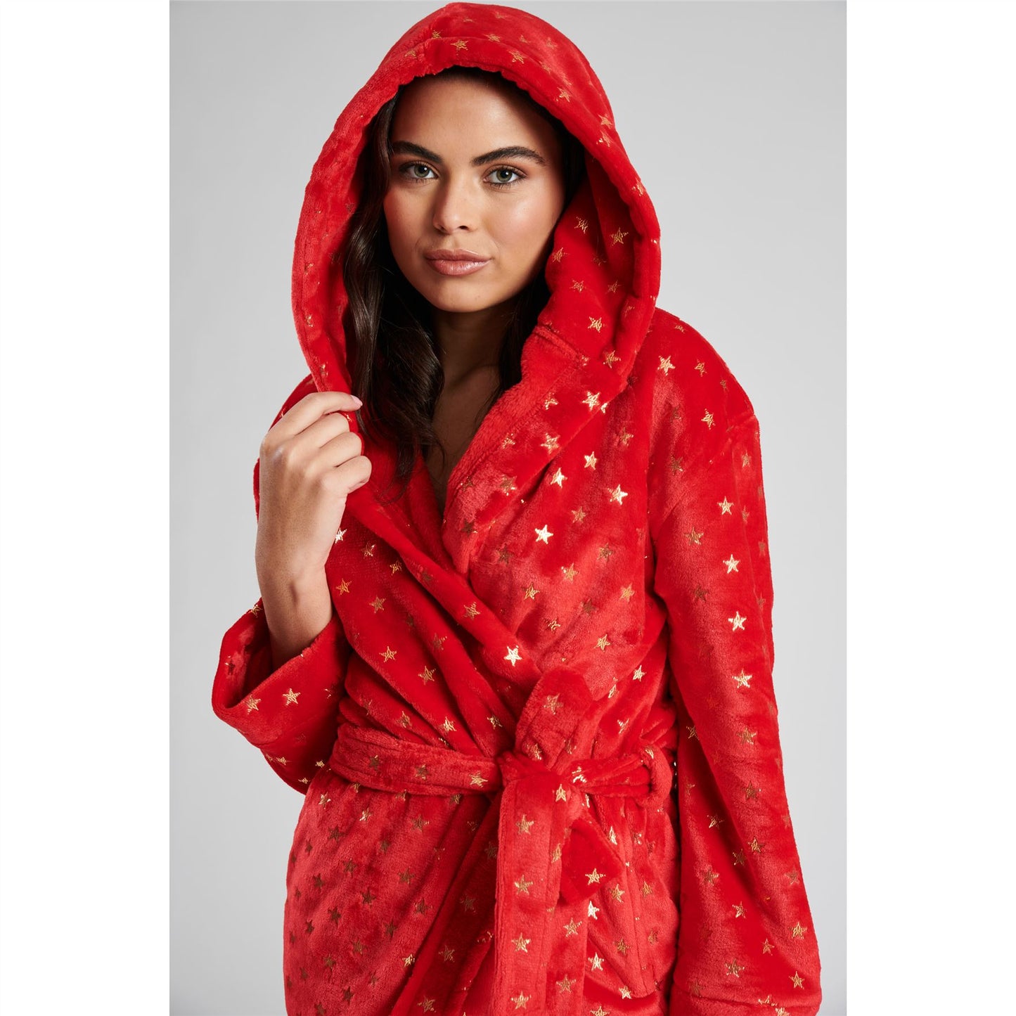 Loungeable Womens Star Fleece Hooded Robe - Red/Gold