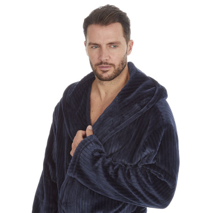 Pierre Roche Mens Vertical Clipped Fleece Hooded Robe - Navy