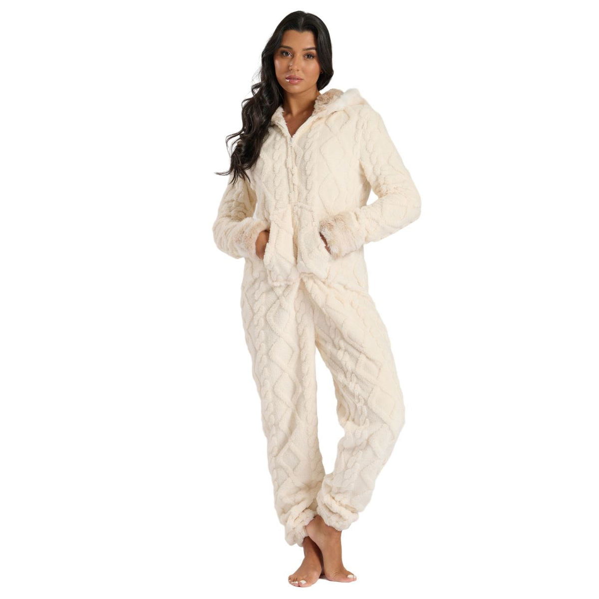 Loungeable Womens Cable Cut Faux Fur Sherpa Fleece Onesie Loungeable