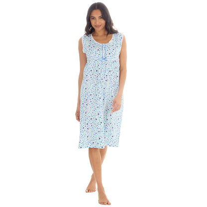 Countess Christie Sleeveless Woven Poplin Floral Nightdress - Blue/Mint