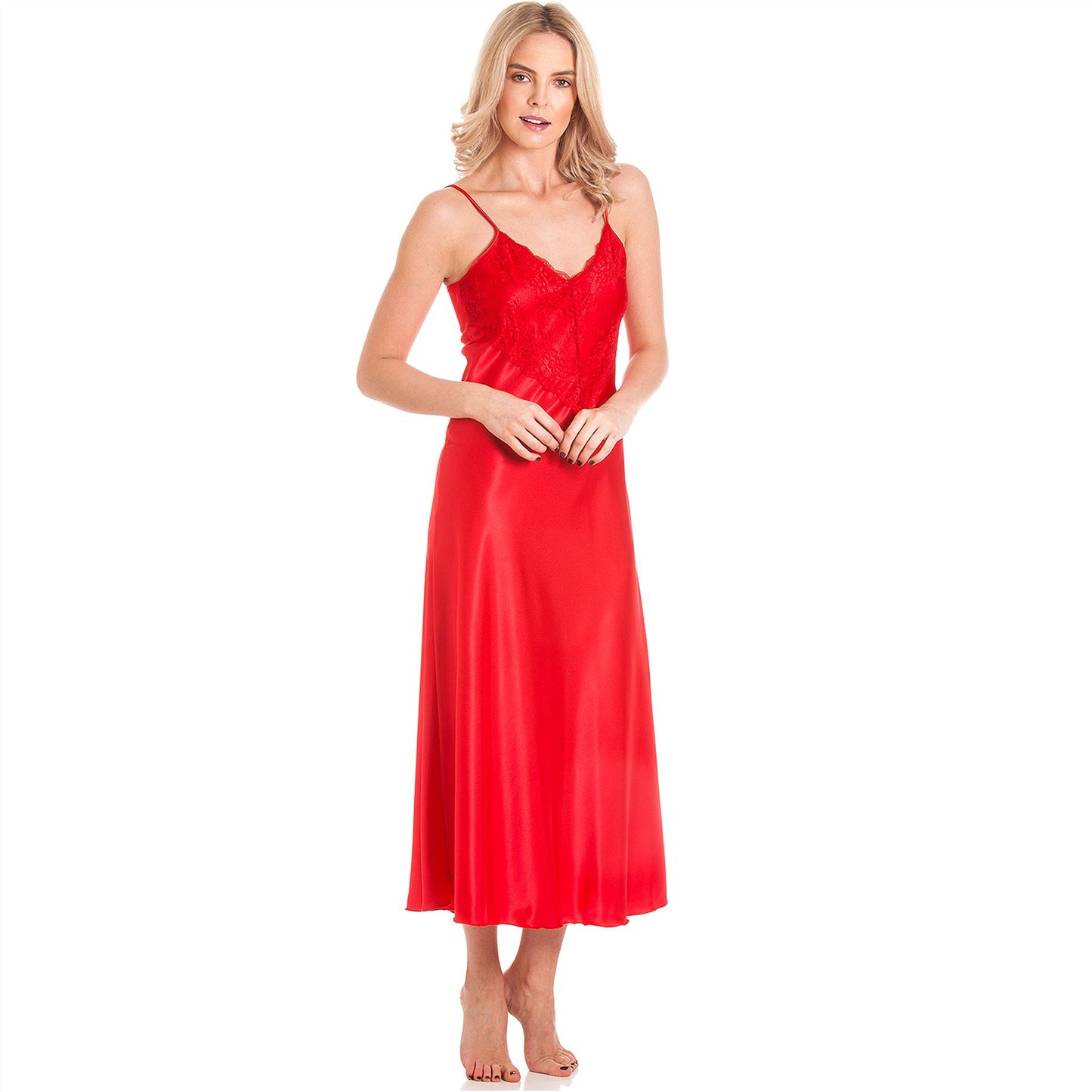 Lady Olga Long Satin Strappy Nightdress - Red