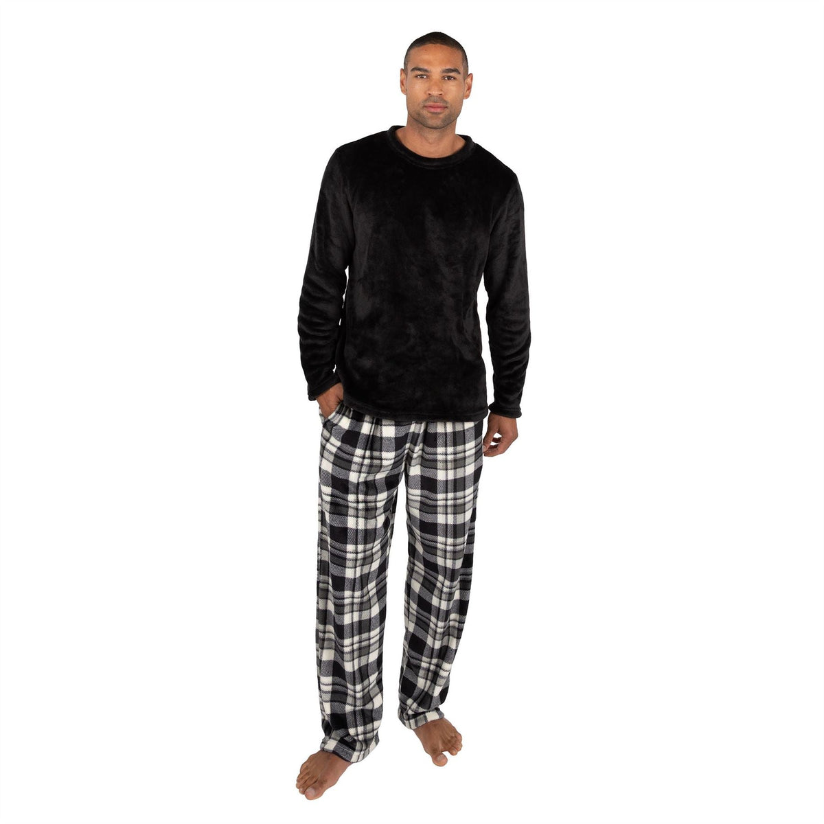 Cargo Bay Mens Crew Neck Fleece Pyjamas - Black Check Cargo Bay
