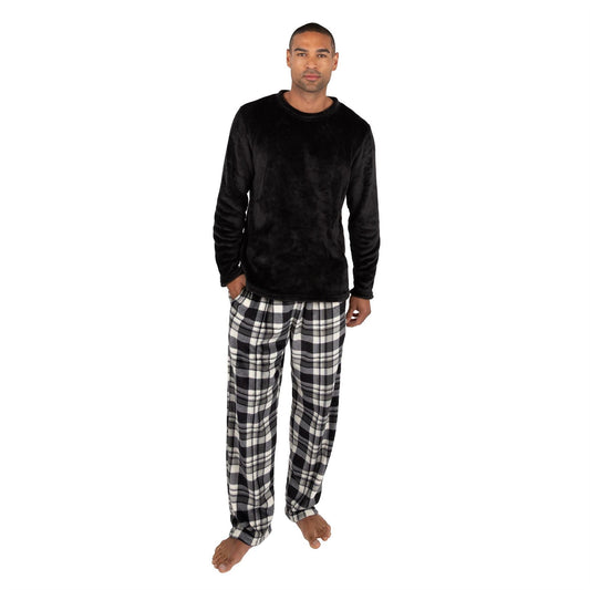 Cargo Bay Mens Crew Neck Fleece Pyjamas - Black Check Cargo Bay
