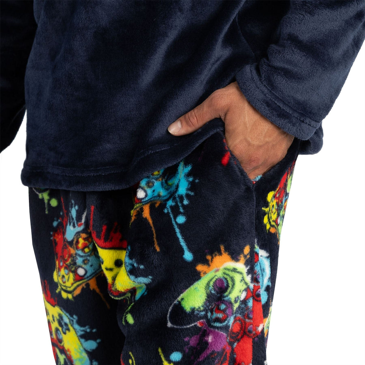 Cargo Bay Mens Crew Neck Fleece Pyjamas - Navy Check Cargo Bay