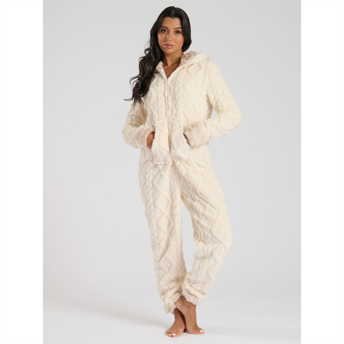 Loungeable Womens Cable Cut Faux Fur Sherpa Fleece Onesie Loungeable