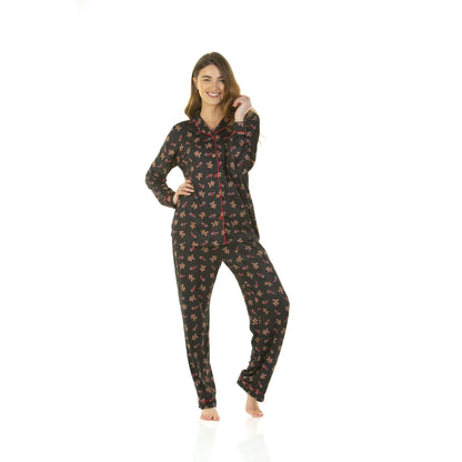 La Marquise Womens Jersey Knit Button Through Gingerbread Pyjamas - Black