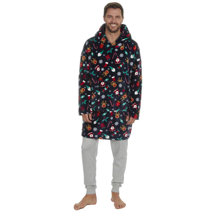 Slumber Party Unisex Christmas Print Oversized Fleece Hoodie - Navy