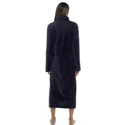 Wolf and Harte Womens Zip Through Ribbed Fleece Robe - Navy